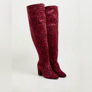 TORRID POINTED TOE OVER THE KNEE RED LEOPARD BOOTS